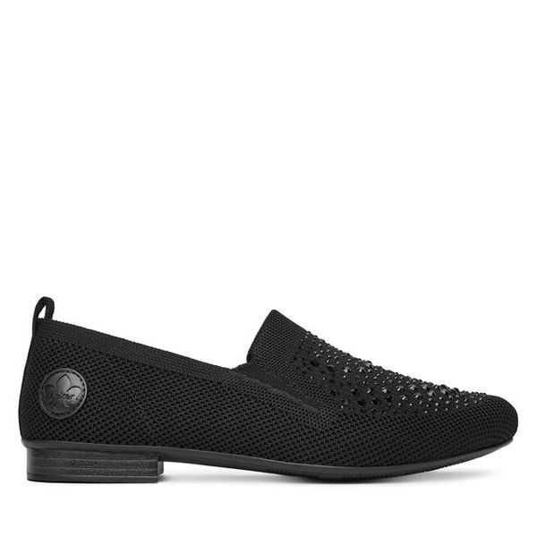 Półbuty Rieker. Czarne półbuty damskie Rieker, bez wzorów, bez obcasa, na płaskiej podeszwie. Za 319.99 zł.