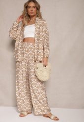 Beżowo-Brązowy Komplet z Wiskozy Koszula i Spodnie w Ornamentalny Print Desanelia. Brązowe koszule damskie Renee, bez wzorów, z wiskozy, klasyczne. Za 74.99 zł.