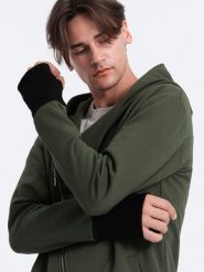 Asymetryczna bluza męska z obszernym kapturem NANTES - ciemnooliwkowa B1368 - XL. Zielone bluzy z kapturem męskie Ombre Clothing, m, z bawełny. Za 173.99 zł.