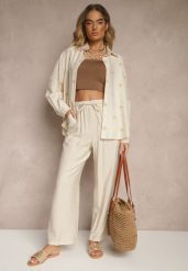 Beżowy Wiskozowy Komplet Oversize Zdobiony Haftem Koszula i Spodnie Sadrianae. Brązowe koszule damskie Renee, z aplikacjami, z materiału, eleganckie. Za 99.99 zł.