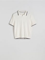 Bawełniany sweter polo - złamana biel. Swetry męskie Reserved, l, bez wzorów, z bawełny, bez kołnierzyka. W wyprzedaży za 65.99 zł.