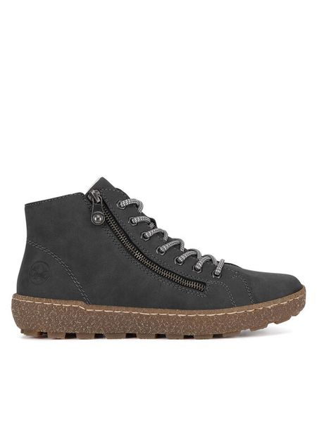 Rieker Botki N1020-45 Szary. Szare botki damskie Rieker, z materiału, bez obcasa, na płaskiej podeszwie, bez zapięcia. Za 251.99 zł.