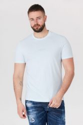 GUESS Błękitny t-shirt męski z aplikacją z logo. Niebieskie t-shirty męskie Guess, m, z aplikacjami, bez kołnierzyka. W wyprzedaży za 99.99 zł.