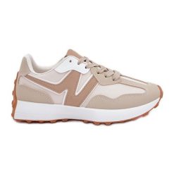 Buty Sportowe Sneakersy Damskie Beżowe beżowy. Brązowe buty sportowe na co dzień damskie bez wzorów, ze skóry. Za 146.62 zł.