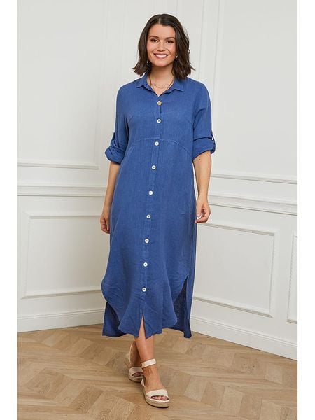 Curvy Lady Lniana sukienka w kolorze niebieskim rozmiar: 44/46. Niebieskie sukienki damskie Curvy Lady, bez wzorów, ze lnu, klasyczne, bez kołnierzyka, bez ramiączek, maxi. Za 154.43 zł.