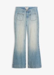 Dżinsy z rozszerzanymi nogawkami, mid waist. Niebieskie jeansy damskie bonprix, z podwyższonym stanem. Za 159.99 zł.