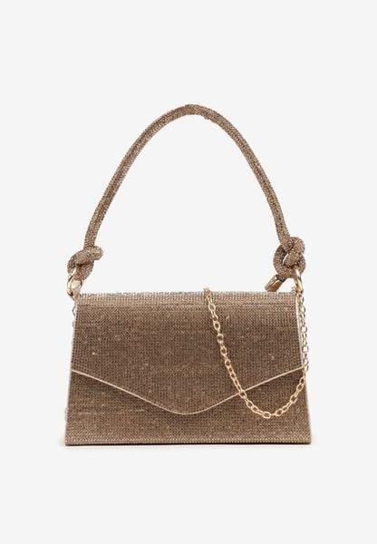 Złota Torebka Kopertówka Zdobiona Cyrkoniami z Łańcuszkiem Naliomea. Żółte torebki wieczorowe Renee, z aplikacjami, eleganckie, bez kołnierzyka, bez ramiączek. Za 99.99 zł.