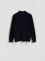 Sweter z rozpinaną stójką - granatowy. Niebieskie swetry męskie Reserved, l, bez wzorów, z bawełny, bez kołnierzyka. Za 159.99 zł.