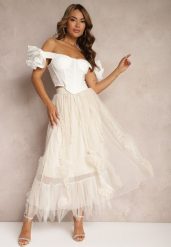 Jasnobeżowa Spódnica High Waist z Gumką w Talii o Siateczkowym Wykończeniu Vikkissa. Brązowe spódniczki damskie Renee, l, bez wzorów, eleganckie, z podwyższonym stanem, maxi, dopasowane. Za 119.99 zł.