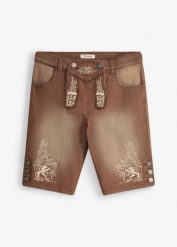 Jeansowe szorty w ludowym stylu, ze spraniem vintage, regular fit. Brązowe szorty męskie bonprix, bez wzorów, z jeansu, vintage. Za 179.99 zł.