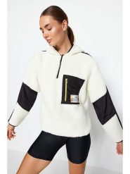 Trendyol Bluza polarowa w kolorze kremowo-czarnym rozmiar: M. Brązowe bluzy z kapturem damskie Trendyol, m, z polaru. Za 73.99 zł.