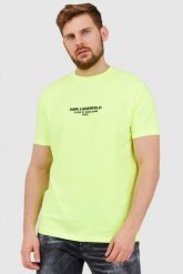 KARL LAGERFELD Neonowy t-shirt męski z wypukłym logo. Żółte t-shirty męskie Karl Lagerfeld, l, z aplikacjami, prążkowane, bez kołnierzyka. W wyprzedaży za 299.99 zł.