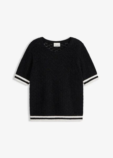 Sweter ażurowy z przędzy piórkowej. Czarne swetry klasyczne damskie bonprix, bez kołnierzyka. Za 79.99 zł.
