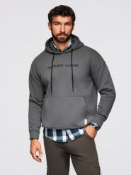 Bluza męska kangurka z haftem i kapturem – grafitowa V2 - Rozmiar: S. Szare bluzy z kapturem męskie Ombre Clothing, m, z bawełny. Za 209.99 zł.