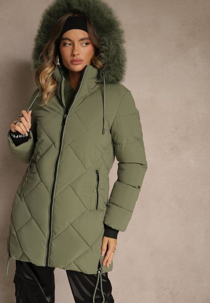 Ciemnozielona Kurtka z Pikowanymi Przeszyciami i Kapturem z Futrem Guira. Zielone kurtki damskie Renee, l, bez wzorów. Za 149.99 zł.