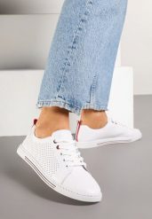 Białe Skórzane Tenisówki na Płaskiej Podeszwie ze Skórzaną Wkładką i Perforacją Ivelili. Białe trampki i tenisówki damskie Born2be, bez wzorów, z jeansu. Za 109.99 zł.