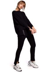 Wygodna Prosta Bluza z Lampasem - Czarna. Czarne bluzy bez kaptura damskie MOE, l, z bawełny. Za 229.90 zł.