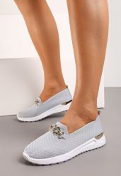 Szare Półbuty Tenisówki z Elastyczną Cholewką i Klamrą Vaiara. Szare półbuty damskie Born2be, bez wzorów, z jeansu. Za 49.99 zł.