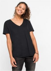T-shirt z dekoltem w serek. Białe t-shirty damskie bonprix, bez wzorów, bez kołnierzyka. Za 37.99 zł.