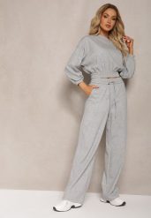 Szary Bawełniany Komplet Bluza Krótka ze Ściągaczem i Szerokie Spodnie ze Sznurkiem w Pasie Rionnea. Szare bluzy bez kaptura damskie Renee, bez wzorów, z bawełny. Za 179.99 zł.