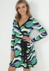 Zielona Sukienka Kopertowa w Wzorzysty Print Jameka. Zielone sukienki damskie Born2be, na co dzień, l, bez wzorów, z materiału, bez kołnierzyka, bez ramiączek, mini, kopertowe. W wyprzedaży za 159.99 zł.