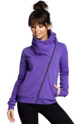 Sportowa Bluza Zapinana na Ukośny Zamek - Fioletowa. Fioletowe bluzy bez kaptura damskie MOE, l, z bawełny. Za 273.90 zł.