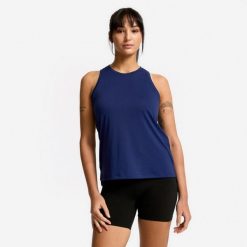 Koszulka fitness damska bez rękawów. Niebieskie topy sportowe damskie DOMYOS, l, bez wzorów, z elastanu, bez ramiączek. Za 39.99 zł.