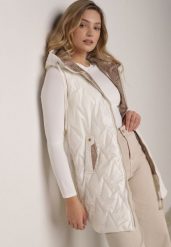 Biała Pikowana Kamizelka o Długim Kroju z Nieodpinanym Kapturem w Romby Dephice. Białe kamizelki damskie Born2be, l, z jeansu, długie. Za 139.99 zł.