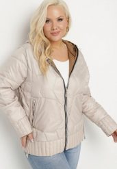 Beżowa Kurtka Dwustronna z Kapturem i Ozdobnym Pikowaniem Helritis. Brązowe kurtki damskie Born2be, plus size, bez wzorów, z jeansu, z kapturem. Za 239.99 zł.