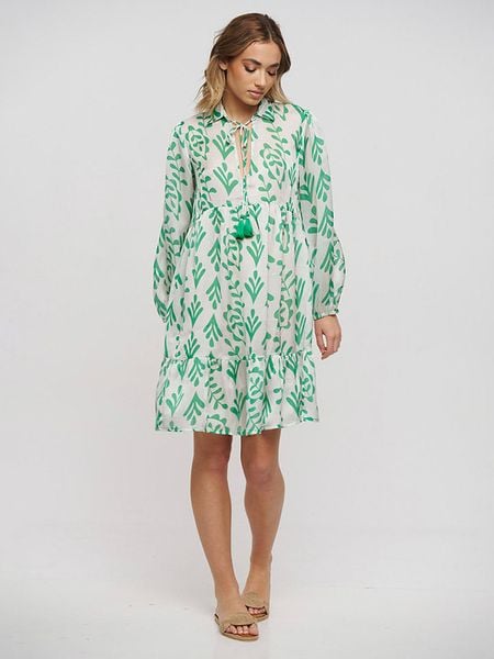 BLE Sukienka w kolorze zielono-białym rozmiar: onesize. Białe sukienki damskie BLE, z aplikacjami, bez kołnierzyka, bez ramiączek, midi, rozkloszowane. Za 56.79 zł.