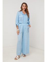 Lin Passion Lniane spodnie w kolorze błękitnym rozmiar: 34/36. Niebieskie spodnie materiałowe damskie Lin Passion, bez wzorów, z koronki, klasyczne, z standardowym stanem. Za 143.99 zł.