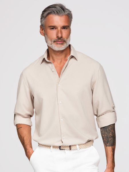 Męska wiskozowo-lniana koszula o kroju regular - beżowa V1 - Rozmiar: S. Szare koszule męskie Ombre Clothing, m, bez wzorów, z denimu, bez kołnierzyka, bez ramiączek. Za 289.99 zł.