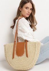 Jasnobeżowa Plażowa Torebka Typu Shopper z Ozdobnej Plecionki z Dwoma Regulowanymi Paskami Karsaia. Brązowe shopper bag damskie Born2be, bez wzorów, bez dodatków. Za 89.99 zł.