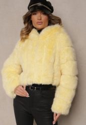 Żółta Krótka Kurtka Futerko z Pikowanymi Przeszyciami Kemeriana. Żółte kurtki damskie Renee, m, bez wzorów, z futra, bez kaptura. Za 219.99 zł.