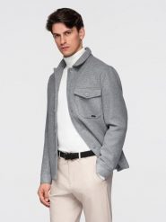 Lekka flauszowa kurtka męska z dodatkiem wiskozy – szara V2 - Rozmiar: L. Szare kurtki męskie Ombre Clothing, l, bez wzorów, z materiału, bez kaptura. W wyprzedaży za 169.99 zł.