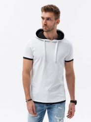 T-shirt męski z kapturem - biały V1 - Rozmiar: M. Białe t-shirty męskie Ombre Clothing, m, bez wzorów, z bawełny, bez kołnierzyka. W wyprzedaży za 29.99 zł.