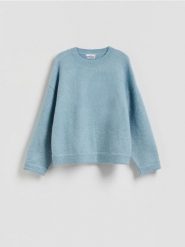 Sweter z wełną i moherem - niebieski. Niebieskie swetry klasyczne damskie Reserved, l, z dzianiny, bez kołnierzyka. Za 259.99 zł.