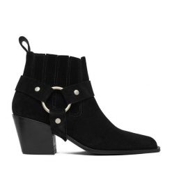 Botki Badura. Czarne botki damskie Badura, bez obcasa, na słupku, bez zapięcia. Za 429.99 zł.