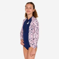 Kostium kąpielowy jednoczęściowy surfingowy dla dzieci Olaian 500 Lucy dł. rękaw. Niebieskie koszulki dziewczęce Decathlon, m, bez wzorów, z materiału, bez ramiączek. Za 59.99 zł.