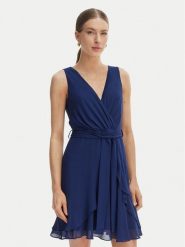 Morgan Sukienka koktajlowa 241-ROSVAL Granatowy Regular Fit. Niebieskie sukienki damskie Morgan, bez wzorów, z syntetyku, wizytowe, bez kołnierzyka, bez ramiączek. Za 299.99 zł.