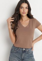 Brązowy T-shirt z Bawełny z Dekoltem w Serek Liniviela. Brązowe t-shirty damskie Born2be, xs, bez wzorów, z bawełny, bez kołnierzyka. Za 29.99 zł.