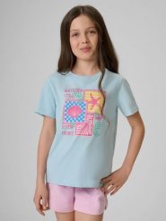4F T-shirt regular z nadrukiem dziewczęcy - niebieski 134 (8-9 lat). Niebieskie koszulki dziewczęce 4f, bez wzorów, z bawełny, bez ramiączek. Za 39.99 zł.
