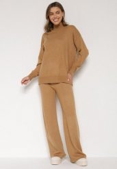 Beżowy Dzianinowy Komplet z Bawełną i Wełną Szerokie Spodnie i Sweter Golf Valefessa. Brązowe golfy damskie Born2be, z aplikacjami, z bawełny. Za 109.99 zł.