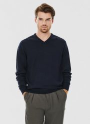 PAKO LORENTE – Granatowy męski sweter w serek. Niebieskie swetry męskie Pako Lorente, na jesień, m, bez wzorów, z wełny, bez kołnierzyka. Za 169.99 zł.