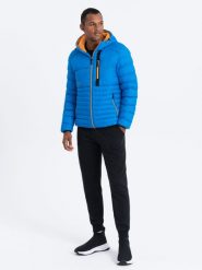 Nylonowa pikowana kurtka męska w stylu sportowym - niebieska V4 OM-JALP-0120 - S. Niebieskie kurtki męskie Ombre Clothing, l, bez wzorów, z materiału, eleganckie. W wyprzedaży za 79.99 zł.