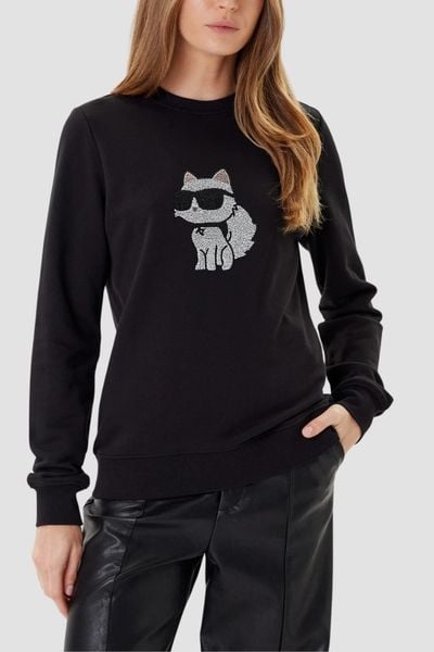 KARL LAGERFELD Bluza czarna damska z cyrkoniami Ikon RS, Rozmiar XS. Czarne bluzy bez kaptura damskie Karl Lagerfeld, xs, z bawełny. W wyprzedaży za 669.99 zł.