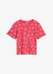 Krótki T-shirt z mieszanki bawełny. Czerwone t-shirty damskie bonprix, bez wzorów, z bawełny, bez kołnierzyka. Za 19.99 zł.