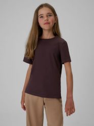 4F T-shirt regular gładki dziewczęcy - brązowy 128 (7-8 lat). Brązowe koszulki dziewczęce 4f, bez wzorów, z bawełny, bez ramiączek. Za 29.99 zł.