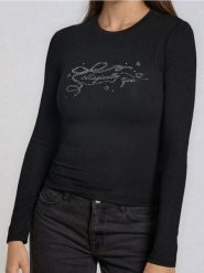 Koszulka z ozdobnymi cyrkoniami - czarny. Czarne t-shirty damskie Sinsay, l, bez wzorów, bez kołnierzyka. Za 39.99 zł.