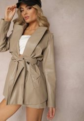 Beżowy Wiązany Płaszcz Dwurzędowy Kurtka z Imitacji Skóry Primael. Brązowe kurtki damskie Renee, na wiosnę, m, z aplikacjami, z jeansu, eleganckie. Za 219.99 zł.
